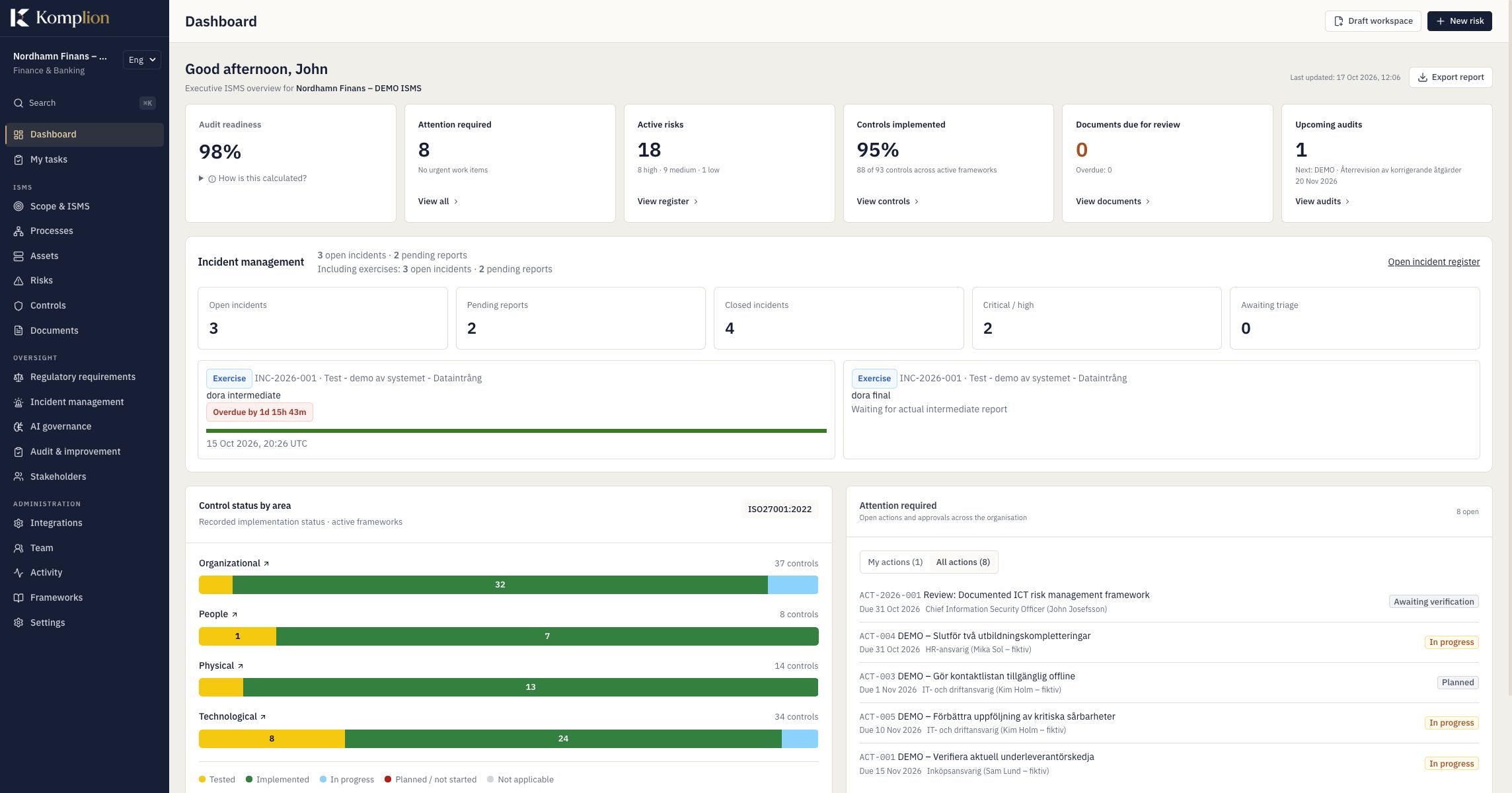 Nordhamn demo dashboard with risks, controls and upcoming work